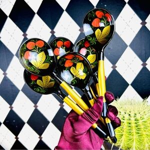 Khokhloma Lacquered Wooden Spoons Hand-Painted Folk Art Decorative Set of 6